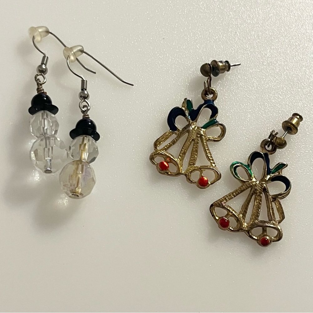 Two Set:Clear Bead Snowman Dangle Earrings and Gold Tone Christmas Bell Earrings